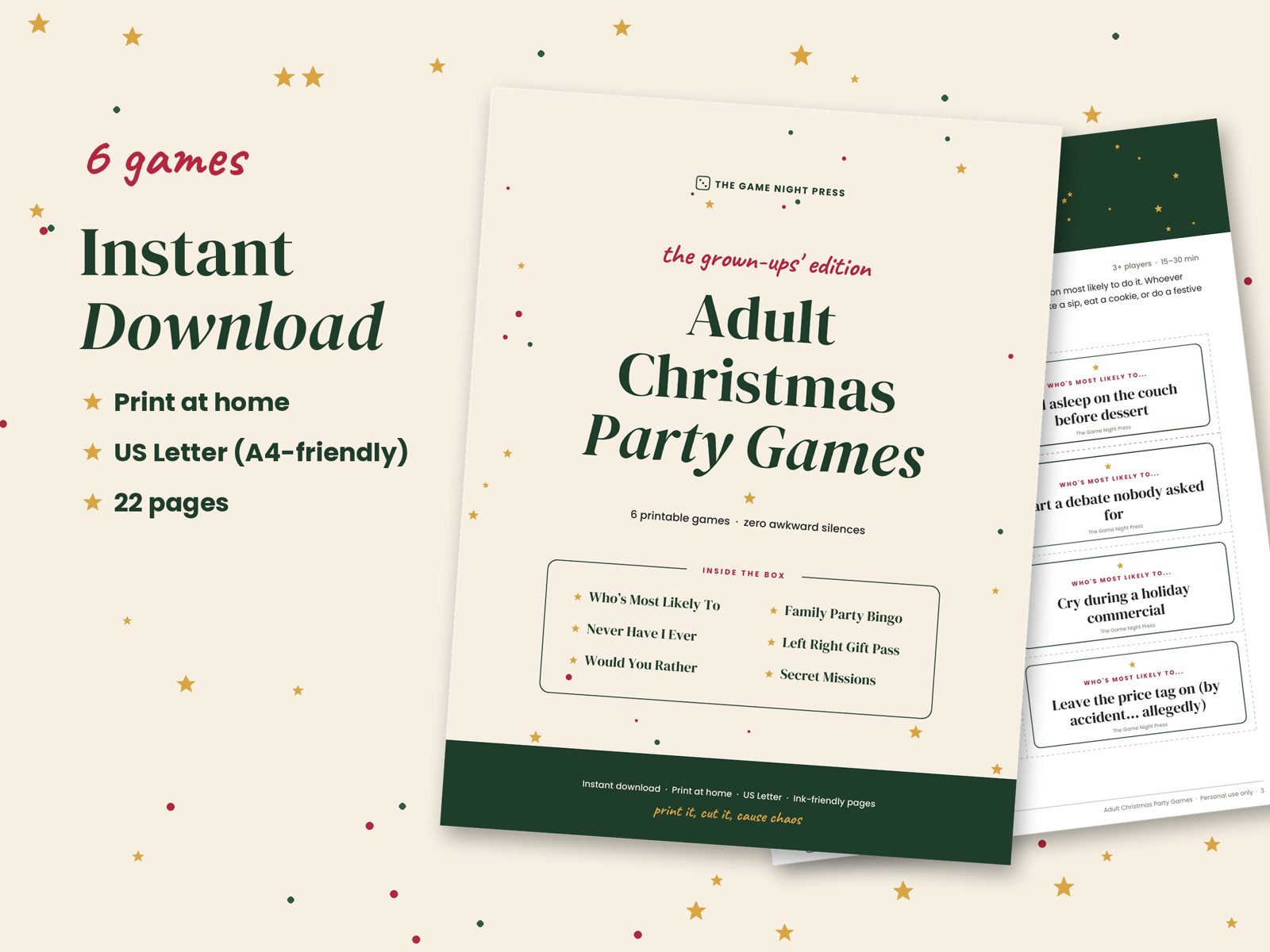 Adult Christmas Party Games printable bundle with cover and Most Likely To cards