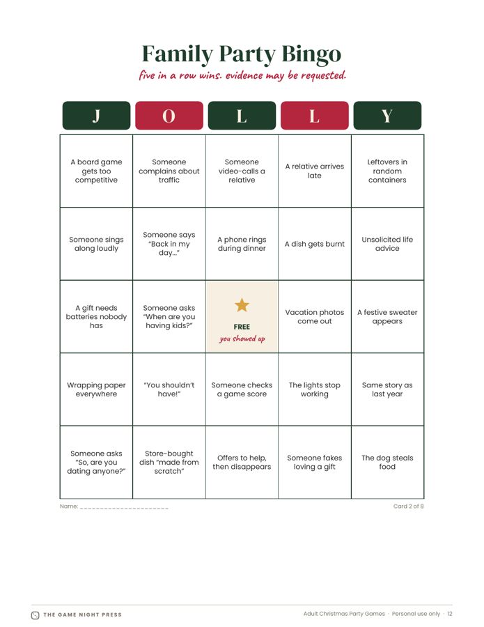 Family Party Bingo card